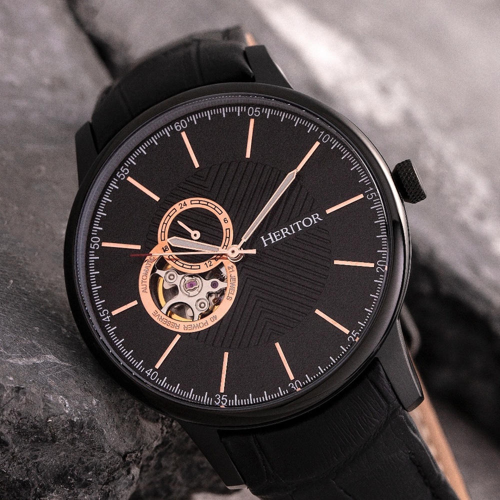 NWT All Black Automatic Genuine Leather Band Watch